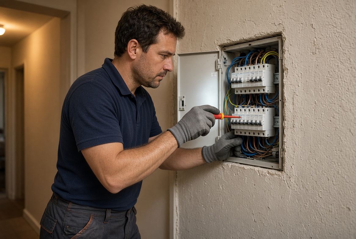Electrician testing breakers inside an open consumer unit